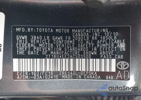 2010 Toyota Corolla Le from USA, damaged, VIN 2T1BU4EE2AC503500